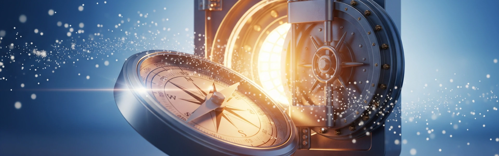 Digital compass pointing to a locked vault opening